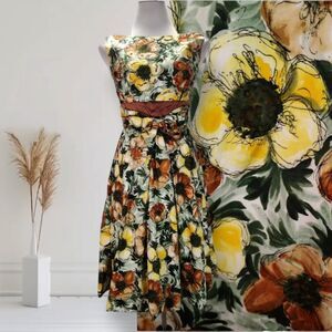 Vintage 50s Boat Neck Fit Flare Dress Size XS Yellow Brown Floral Print Sequin
